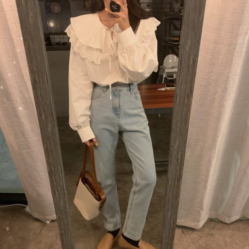 Spring / Autumn Korean Lace-Up Hollow Out Collar Long Sleeves Loose Solid Blouse - Image 4