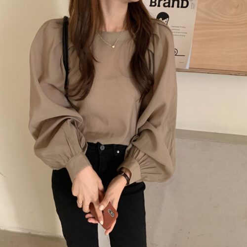 O-Neck Long Puff Sleeves One-Button Cuffs Loose Solid Blouse