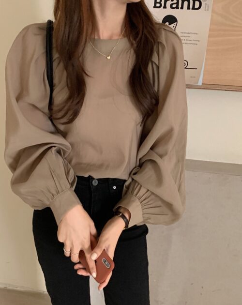 O-Neck Long Puff Sleeves One-Button Cuffs Loose Solid Blouse