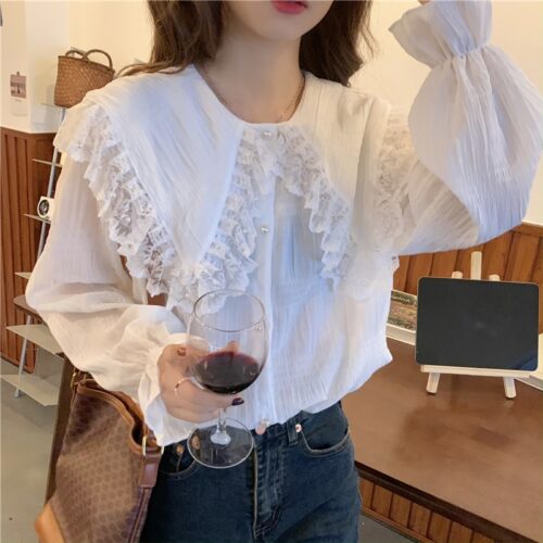 Spring / Autumn Butterfly Lace Collar Long Sleeves Loose Solid Blouse - Image 2
