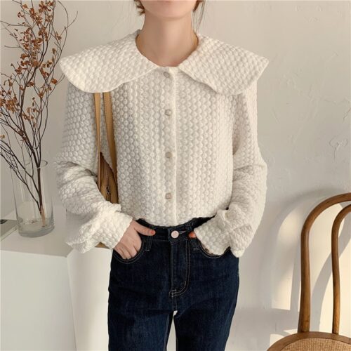 Big Lapel Collar Long Sleeves French Lace Buttons Blouse