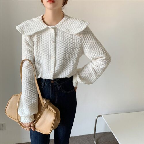 Spring / Autumn Big Lapel Collar Long Sleeves French Lace Buttons Blouse - Image 4