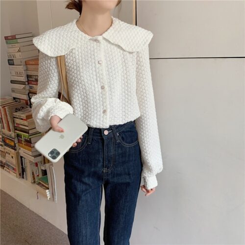 Spring / Autumn Big Lapel Collar Long Sleeves French Lace Buttons Blouse - Image 3