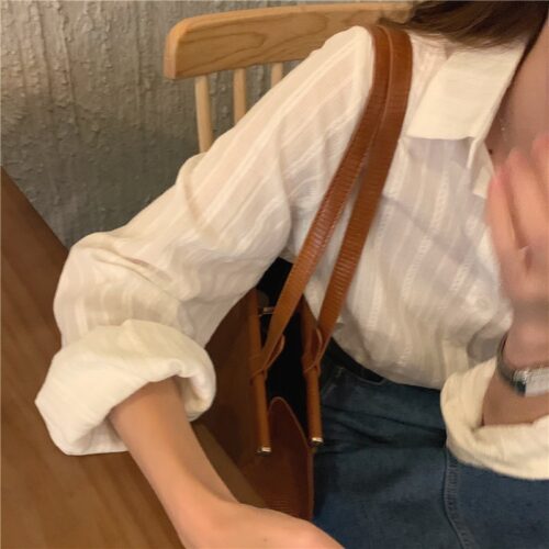 Spring / Autumn Turn-Down Collar Long Sleeves White Striped Blouse - Image 4