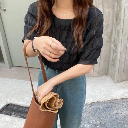Summer O-Neck Short Sleeves Minimalist Pleated Solid Blouse - Image 6