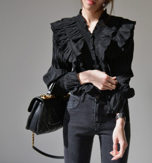 Spring / Autumn V-Neck Long Sleeves Ruffles Pleated Solid Blouse - Image 5
