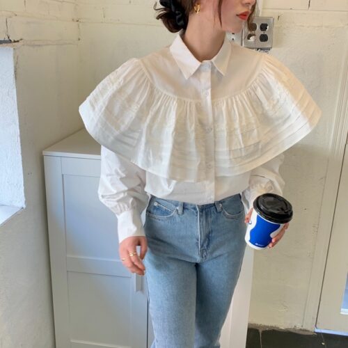 Spring / Autumn Turn-Down Collar Long Sleeves Loose Cape Solid Buttons Blouse - Image 3