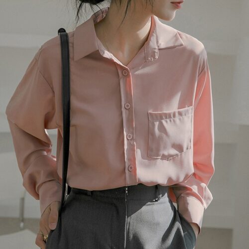 Spring / Autumn Turn-Down Collar Long Sleeves Solid Pocket Blouse - Image 6