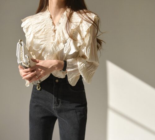 Spring / Autumn V-Neck Long Sleeves Ruffles Pleated Solid Blouse - Image 6