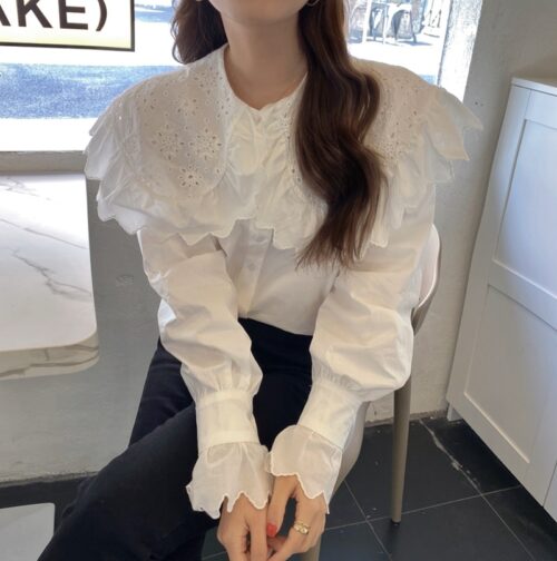 Spring / Autumn Hollow Out Big Lapel Collar Puff Sleeves Loose Solid Blouse - Image 6