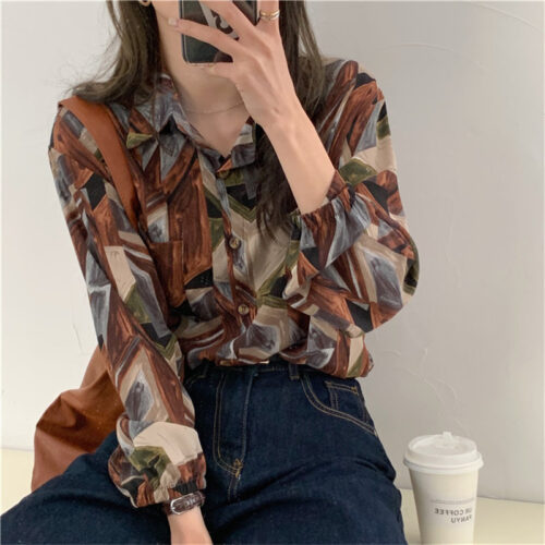 Autumn Turn-Down Collar Long Sleeves Print Buttons Pocket Blouse