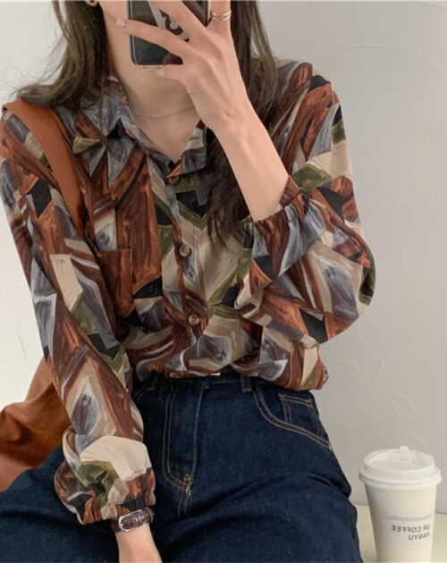 Autumn Turn-Down Collar Long Sleeves Print Buttons Pocket Blouse