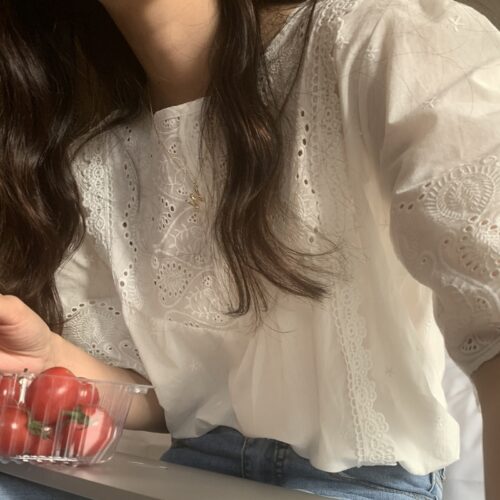 Summer O-Neck Short Sleeves Cotton Hollow-Out Blouse - Image 3