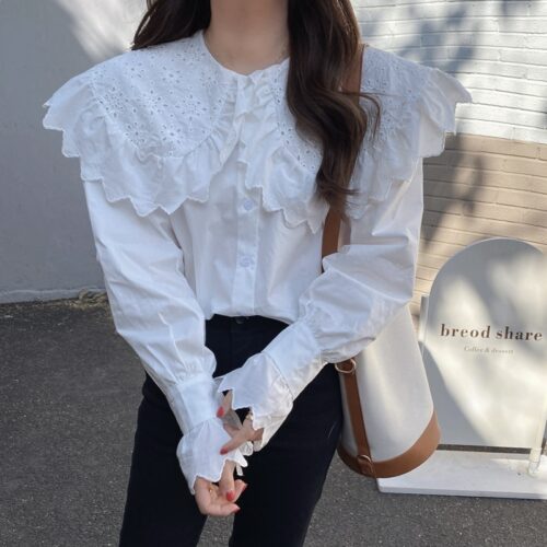 Spring / Autumn Hollow Out Big Lapel Collar Puff Sleeves Loose Solid Blouse - Image 4