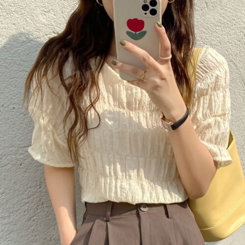 O-Neck Short Sleeves Minimalist Pleated Solid Blouse