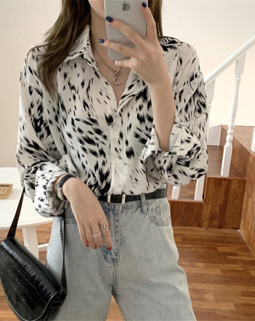 Turn-Down Collar Long Sleeves Abstract Print Blouse