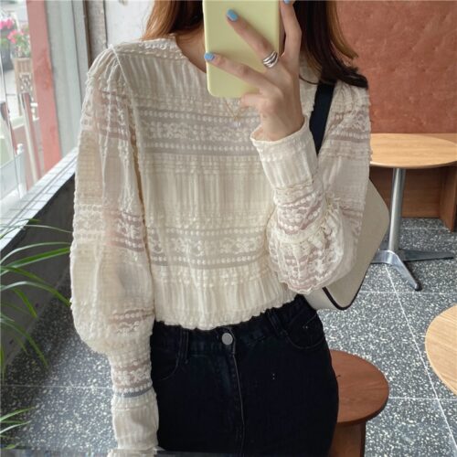 Korean O-Neck Long Sleeves Solid Lace Blouse