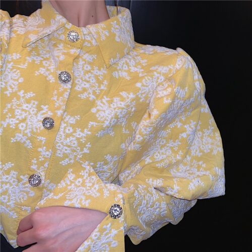 Spring / Autumn Turn-Down Collar Puff Long Sleeves Embroidery Floral Blouse - Image 6