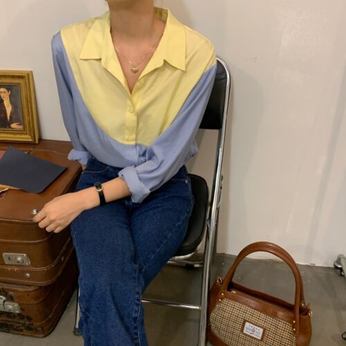 Spring / Autumn Turn-Down Collar Long Sleeves Patchwork Hit Color Blouse - Image 6