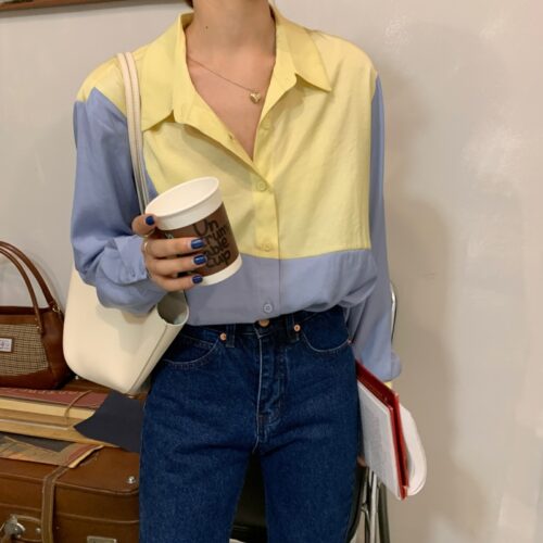 Spring / Autumn Turn-Down Collar Long Sleeves Patchwork Hit Color Blouse - Image 5