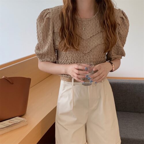 Summer O-Neck Short Sleeves Pleated Blouse - Image 2