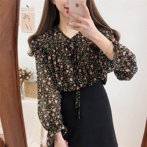 Spring / Autumn Lace-Up Collar Long Sleeves Floral Print Blouse - Image 5