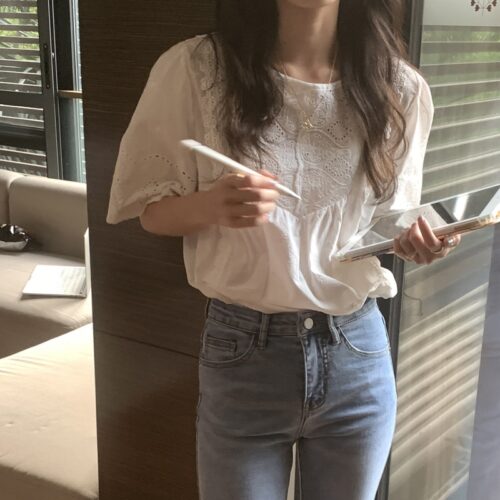 Summer O-Neck Short Sleeves Cotton Hollow-Out Blouse - Image 4