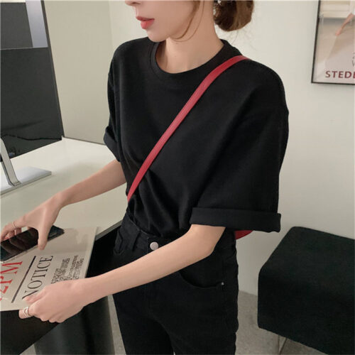 Summer O-Neck Short Sleeves Cotton Basic Solid T-Shirt - Image 4