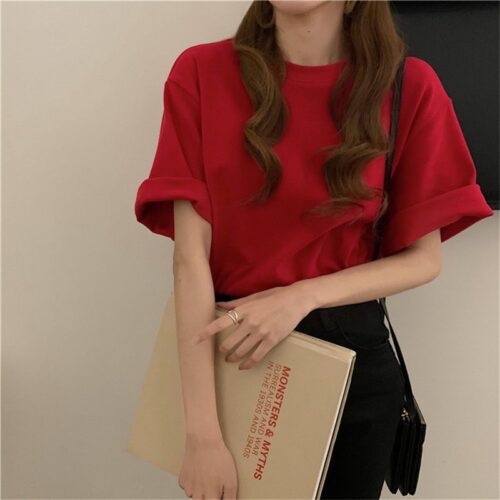 Summer O-Neck Short Sleeves Cotton Basic Solid T-Shirt - Image 2