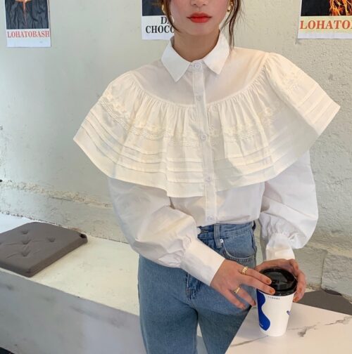 Spring / Autumn Turn-Down Collar Long Sleeves Loose Cape Solid Buttons Blouse - Image 2