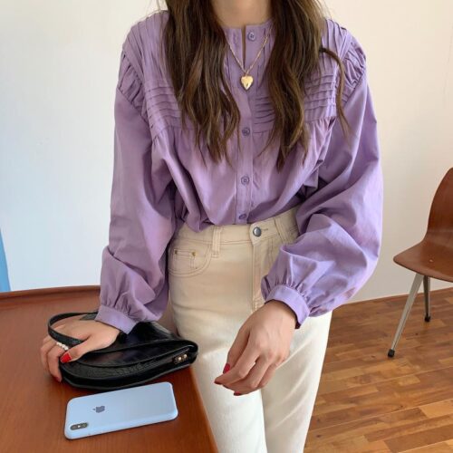 O-Neck Long Sleeves Pleated Solid Buttons Blouse