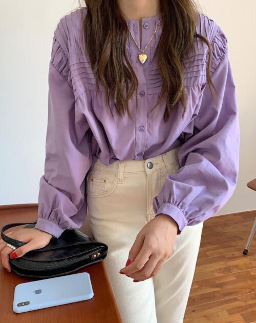 O-Neck Long Sleeves Pleated Solid Buttons Blouse