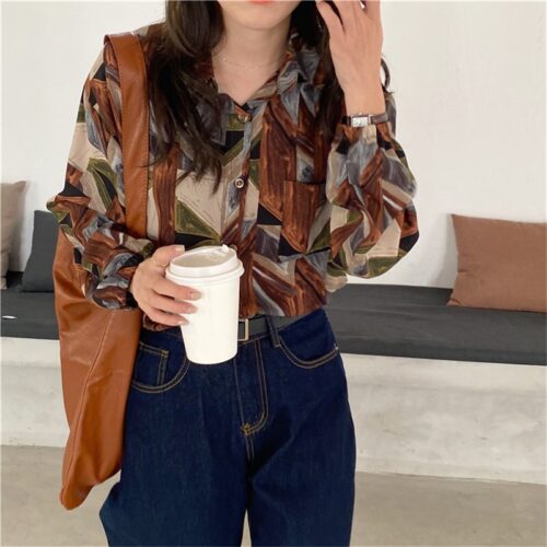 Spring / Autumn Turn-Down Collar Long Sleeves Print Buttons Pocket Blouse - Image 2