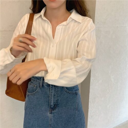 Spring / Autumn Turn-Down Collar Long Sleeves White Striped Blouse - Image 3