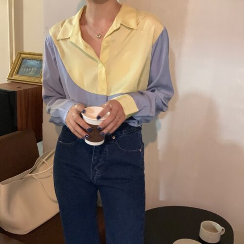 Spring / Autumn Turn-Down Collar Long Sleeves Patchwork Hit Color Blouse - Image 3