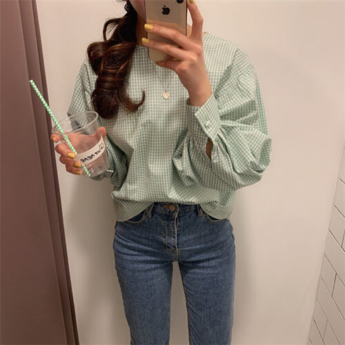 O-Neck Long Sleeves One-Button Cuffs Loose Plaid Blouse