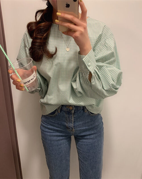 O-Neck Long Sleeves One-Button Cuffs Loose Plaid Blouse