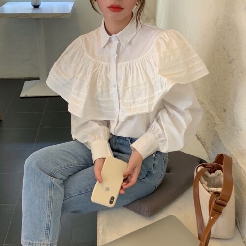 Spring / Autumn Turn-Down Collar Long Sleeves Loose Cape Solid Buttons Blouse - Image 4
