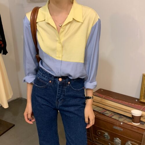 Spring / Autumn Turn-Down Collar Long Sleeves Patchwork Hit Color Blouse - Image 2