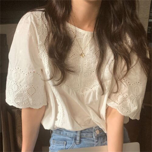 Summer O-Neck Short Sleeves Cotton Hollow Out Blouse