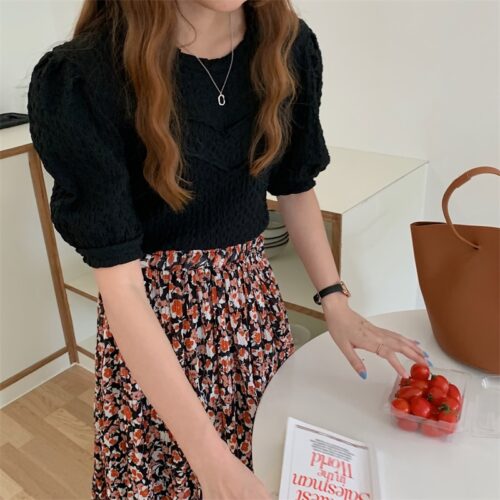 Summer O-Neck Short Sleeves Pleated Blouse - Image 4