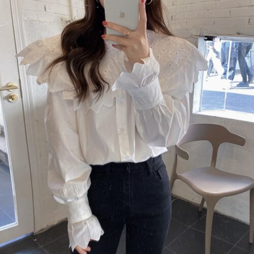 Hollow Out Big Lapel Collar Puff Sleeves Loose Solid Blouse