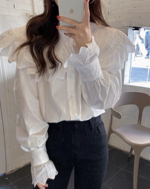 Hollow Out Big Lapel Collar Puff Sleeves Loose Solid Blouse