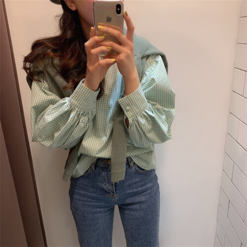 Spring / Autumn O-Neck Long Sleeves One-Button Cuffs Loose Plaid Blouse - Image 3
