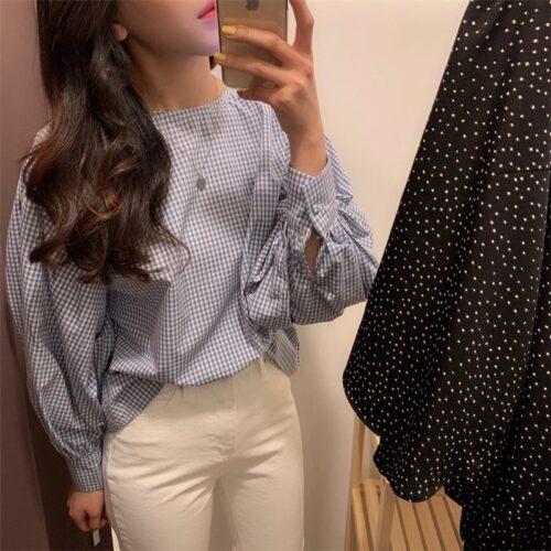 Spring / Autumn O-Neck Long Sleeves One-Button Cuffs Loose Plaid Blouse - Image 4