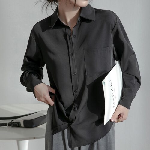 Spring / Autumn Turn-Down Collar Long Sleeves Solid Pocket Blouse - Image 5