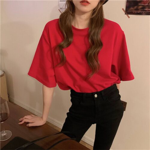 Summer O-Neck Short Sleeves Cotton Basic Solid T-Shirt - Image 3