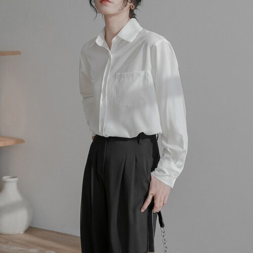 Turn-Down Collar Long Sleeves Solid Pocket Blouse