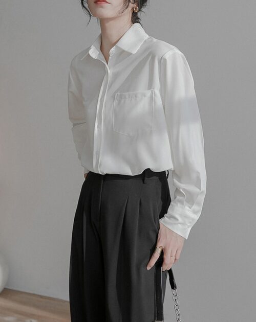 Turn-Down Collar Long Sleeves Solid Pocket Blouse