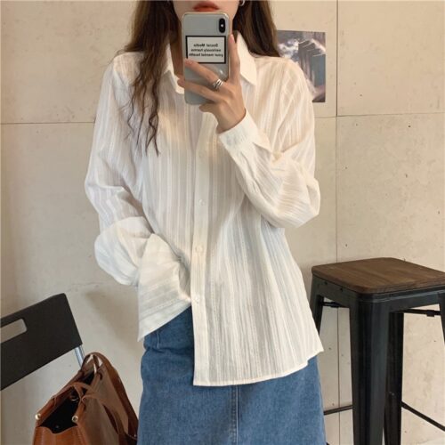 Turn-Down Collar Long Sleeves White Striped Blouse